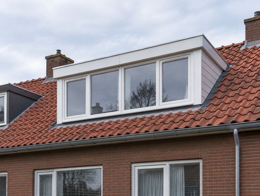 Afgewerkte dakkapel op een dak met dakpannen